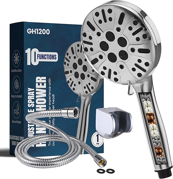 High Pressure 10-mode Handheld Shower Head - Anti-clog Nozzles, Built-in Power Wash to Clean Tub, Tile & Pets, Extra Long 6 ft. Stainless Steel Hose, Wall & Overhead Brackets